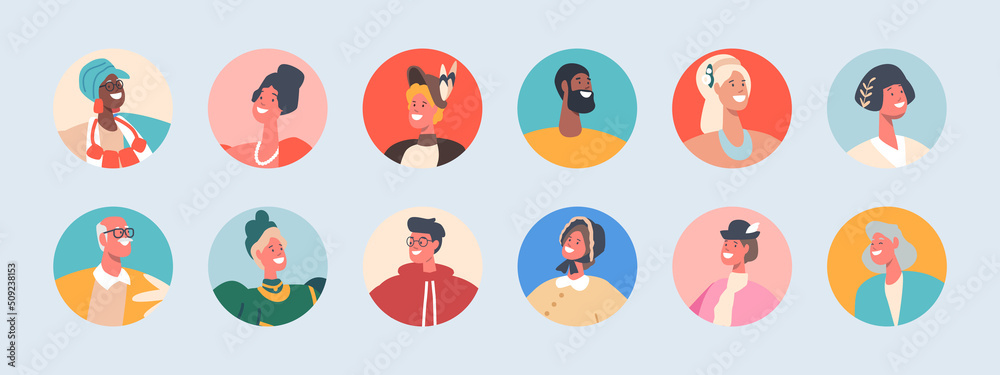 Set of People Avatars, Isolated Round Icons. Male and Female Characters with Different Culture and Ethnicity, Portraits Set of People Avatars, Isolated Round Icons. Male and Female Characters with Different Culture and Ethnicity, Portraits