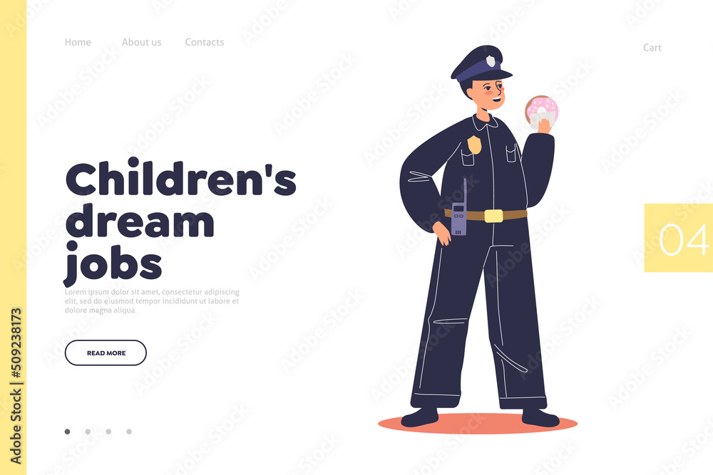 Children dream job concept of landing page with kid policeman. Small boy work as police officer