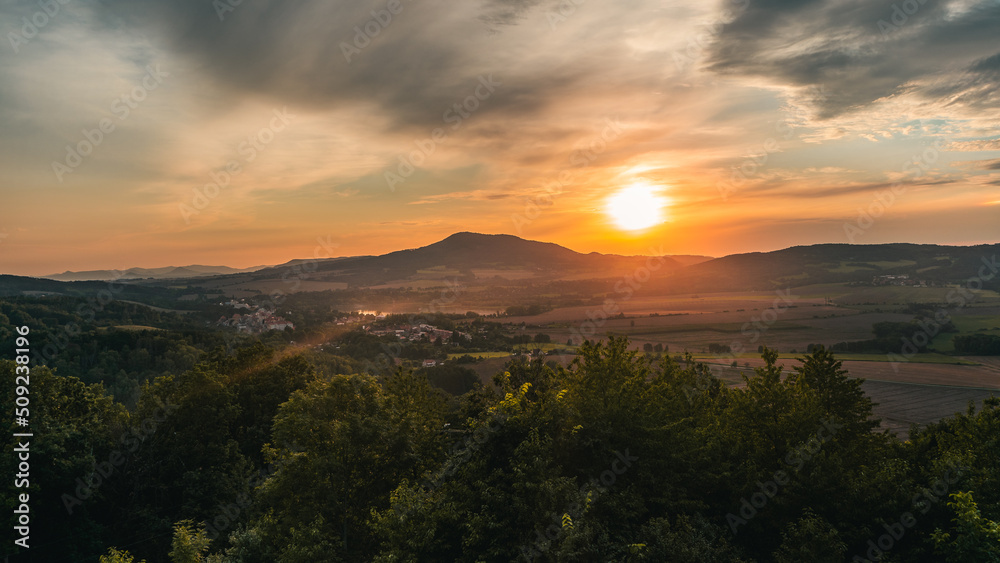 Sunset landscape over the mountain Czech Republic, Europe, Ustek