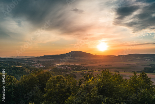Sunset landscape over the mountain Czech Republic, Europe, Ustek