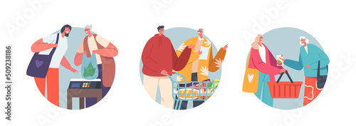 Young People Help Elderly Characters Shopping in Grocery Store Isolated Round Icons. Volunteers Support Aged Pensioners