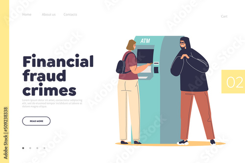 Fototapeta Naklejka Na Ścianę i Meble -  Financial fraud crimes concept of landing page with cyber criminal stealing personal data at atm