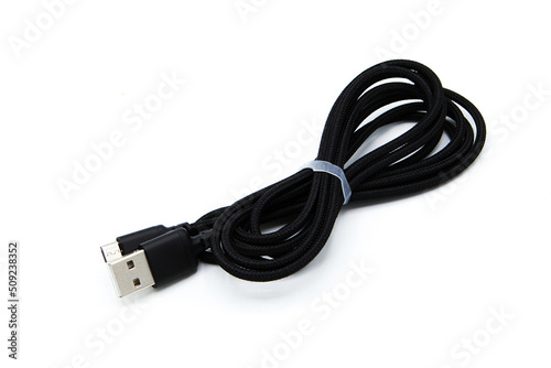Black Usb cable isolated on white background.	