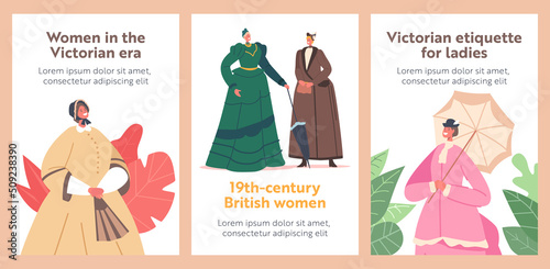 Women in the Victorian Era Banners. 19th Century European Ladies Wear Elegant Gowns, Hats and Accessories