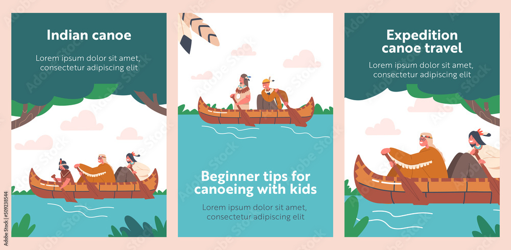Banners with Native Indian American Children Swim on Canoe, Indigenous Kids Characters Wear Costumes Rowing on Boat