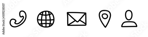 Business card icons. Doodle contacts icons. Website icon. Phone, globe, envelope, address, user. Black vector icons isolated on white background. Vector clipart.