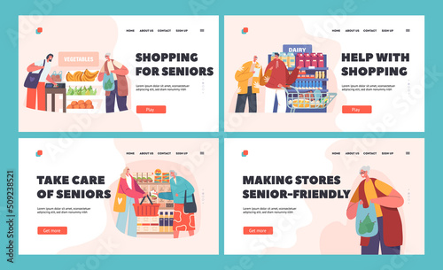 Young People Help Elderly Characters Shopping in Grocery Store Landing Page Template Set. Volunteers Support Pensioners © Sergii Pavlovskyi