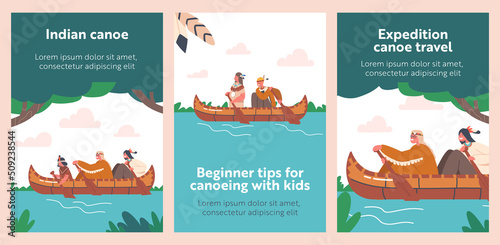 Banners with Native Indian American Children Swim on Canoe, Indigenous Kids Characters Wear Costumes Rowing on Boat