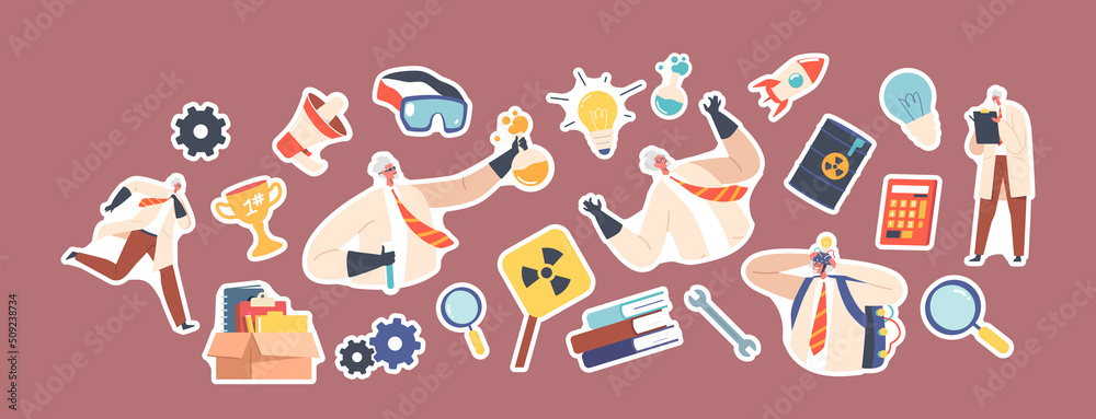 Set of Stickers Crazy Professor Wear Lab Coat and Rubber Gloves. Nuts Doctor Character Conduct Experiment