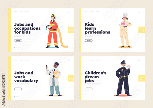 Kids learn profession set of landing page. Children police officer, doctor, confectioner and fireman