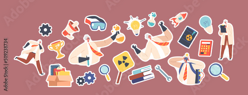 Set of Stickers Crazy Professor Wear Lab Coat and Rubber Gloves. Nuts Doctor Character Conduct Experiment
