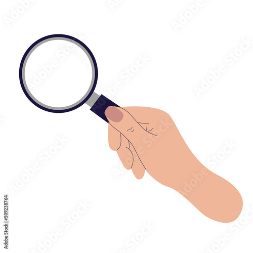 The hand is holding a magnifying glass. Single element of food safety concept. Vector illustration.