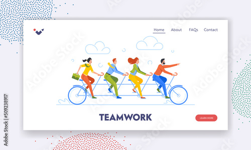 Teamwork Landing Page Template. Business Team Riding Tandem Bicycle. Business Men and Women Characters on Bike
