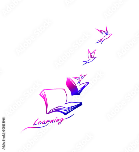 Old writing pen with flying birds and open book