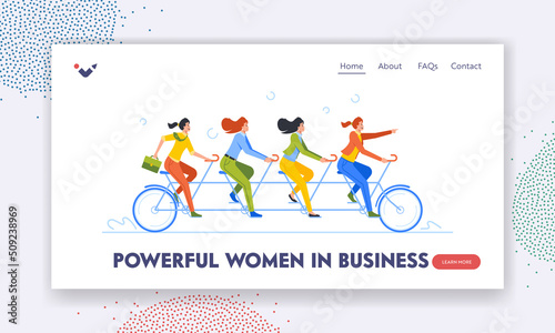 Powerful Women in Business Landing Page Template. Synchronization, Collective Teamwork Concept. Happy Female Employees