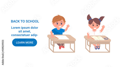 Primary Education Landing Page Template. Little Kid Student sitting in School Classroom. Schoolgirl and schoolboy Characters Sitting at Desk. Back to school cartoon Vector Illustration.