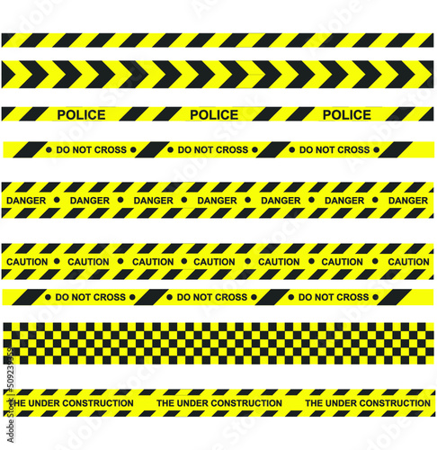 Black and yellow stripes. Barricade tape, passing, police, crime danger line, bright yellow official crime scene barrier tape. Vector flat style cartoon illustration isolated on white background © Nigmet