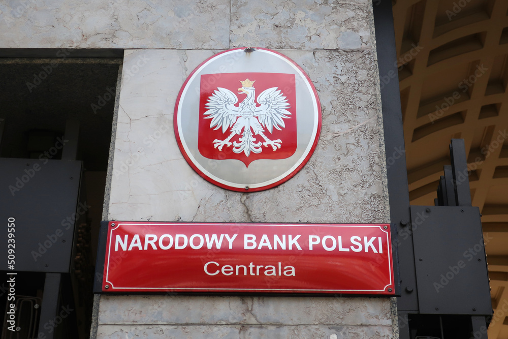 Foto de National Bank of Poland (Narodowy Bank Polski, NBP) facade with plaque and coat of arms