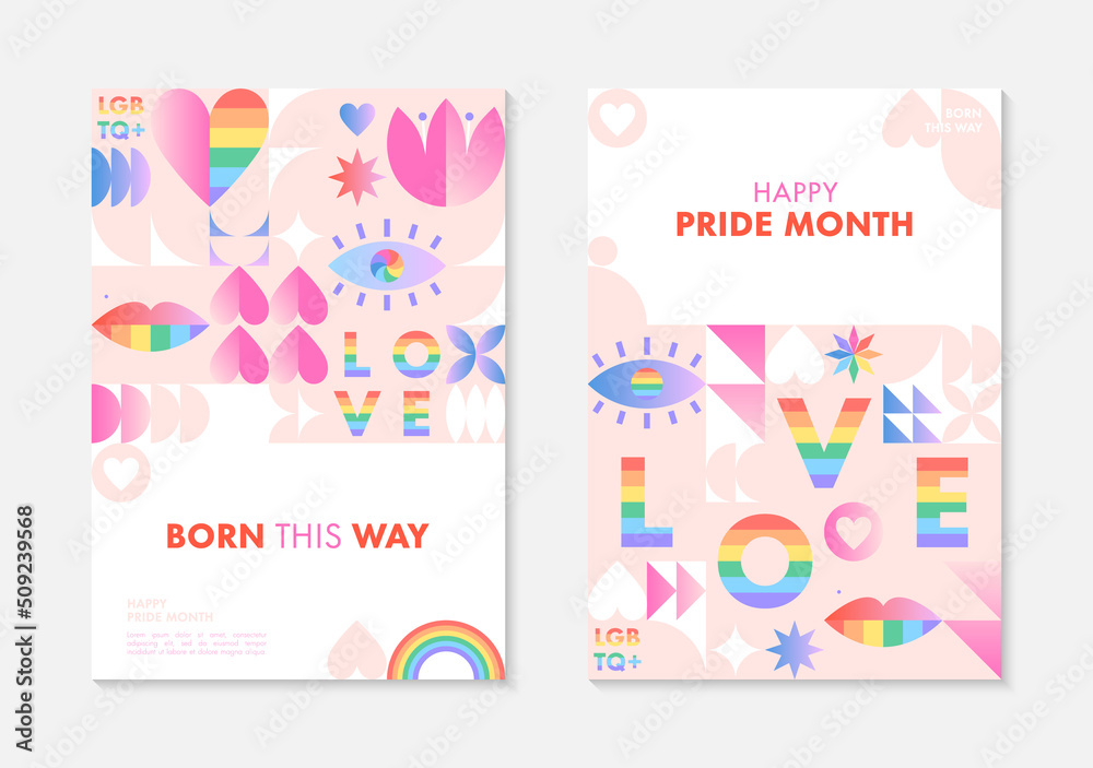 Pride month poster templates.LGBTQ+ community vector illustrations in bauhaus style with geometric elements and rainbow lgbt symbols.Human rights movement concept.Gay parade.Colorful cover designs. Pride month poster templates.LGBTQ+ community vector illustrations in bauhaus style with geometric elements and rainbow lgbt symbols.Human rights movement concept.Gay parade.Colorful cover designs.