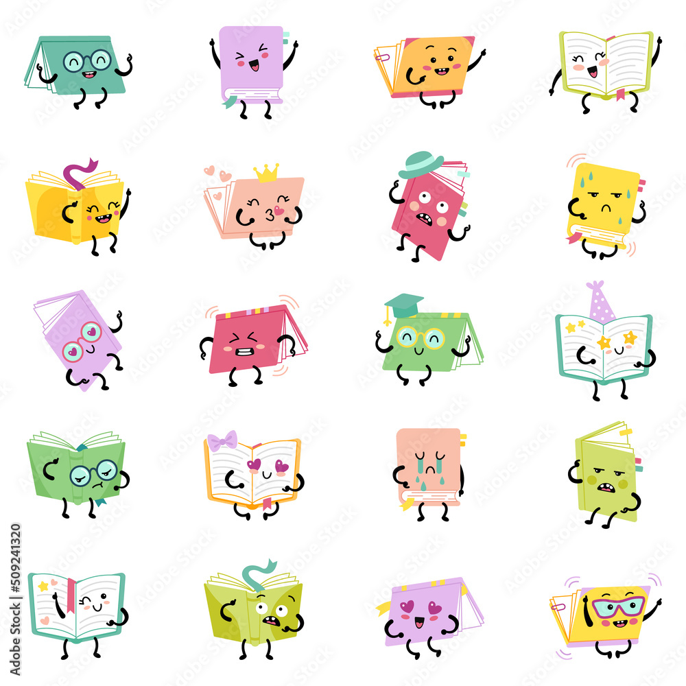 Cartoon book characters with different emotions. Set of book smiley faces, mascots cute emoji Cartoon book characters with different emotions. Set of book smiley faces, mascots cute emoji