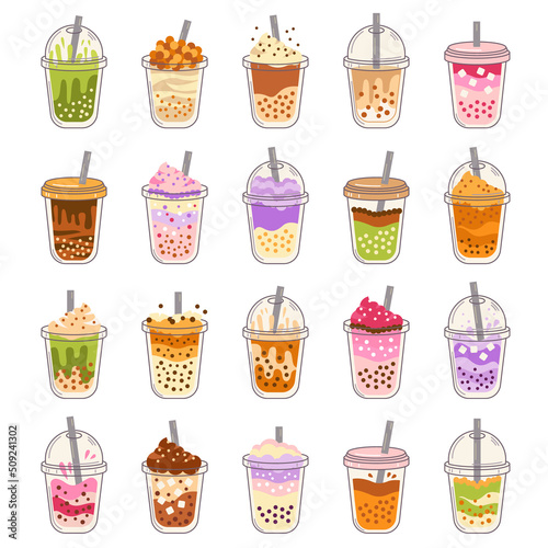 Ice bubble tea. Set of plastic cups with caps and straw with iced tea or summer drink cocktail