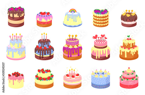 Cakes set. Birthday or wedding cakes with chocolate and fruits. Confectionary for holiday event