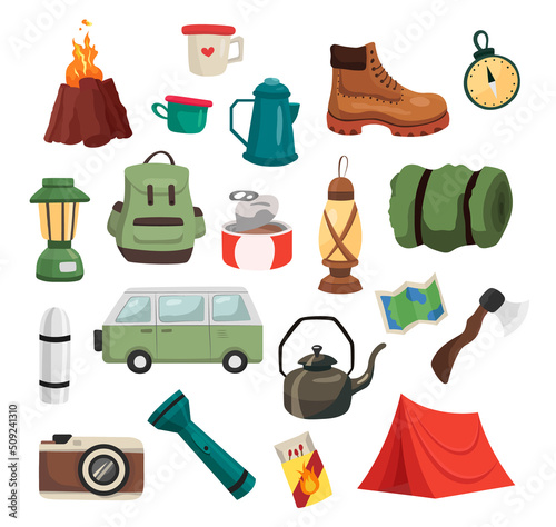 Camping equipment set. Supplies and tools for hiking, sleep and refreshment