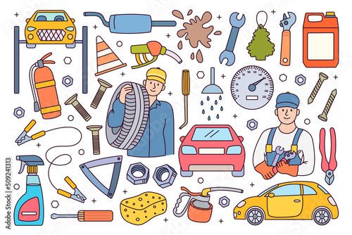 Car repair service set. Vehicle maintenance elements, serviceman worker, tools and garage equipment