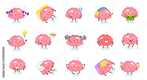 Cartoon pink brain mascots set. Cute childish brain with different facial expression emotions emoji