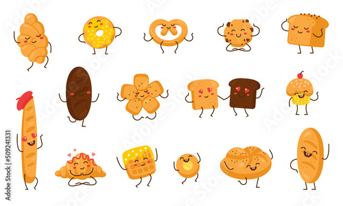 Cartoon bread characters set. Pastry bakery, croissant, muffin, donut, pretzel and baguette mascots