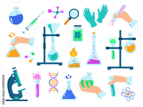 Chemistry laboratory set with equipment. Glassware for medical or pharmaceutical lab experiments