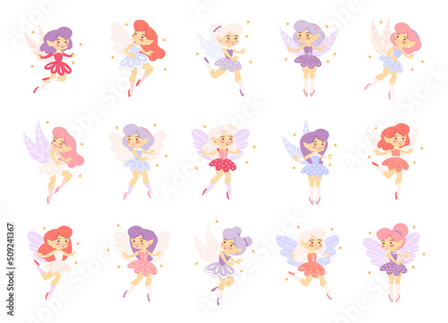 Set of fairies. Little creatures with colorful hair and wings. Mythical fairy tale characters