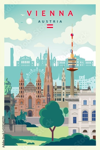 Canvas Print Travel poster vienna historical monument buildings digital vector illustration