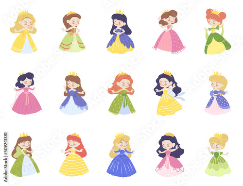 Set of cute childish princesses in colorful dresses wearing tiara. Fairy tale queens