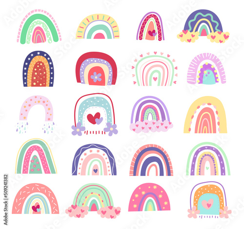 Set of colorful rainbows for kids bedroom. Cute childish rainbows with hearts, clouds and flowers