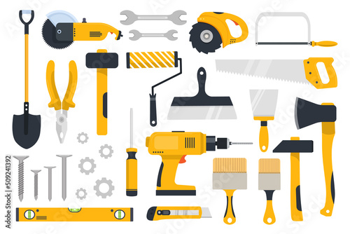 Work tools icons set, construction, carpentry woodwork and masonry instrument