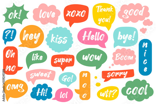 Comic speech bubbles set with chat phrases, funny text. Stickers patches for messaging in mobile app
