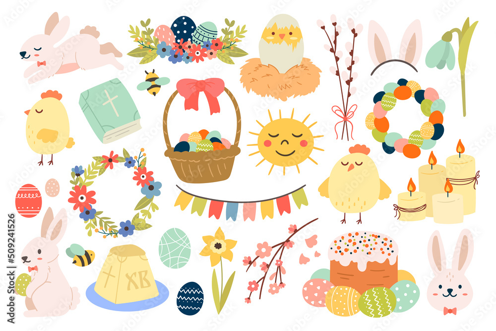 Happy Easter elements set with rabbit, flowers, eggs and chicks. Collection of doodle for Easter Happy Easter elements set with rabbit, flowers, eggs and chicks. Collection of doodle for Easter