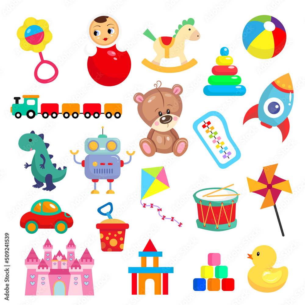 Baby toys set. Object for small children to play, wooden and plastic toys, stuffed animals for fun Baby toys set. Object for small children to play, wooden and plastic toys, stuffed animals for fun