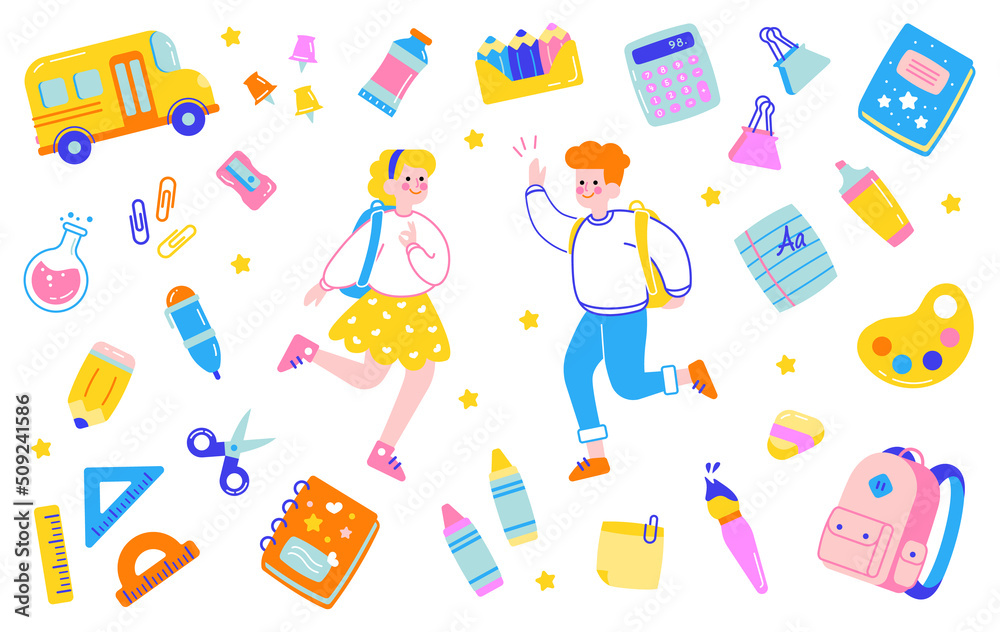 School icons set with schoolgirl and schoolboy kids. Bus, backpack, stationery tools, books