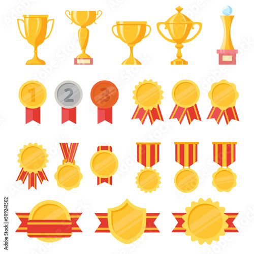 Collection of golden, silver and bronze medals, cups and badges. Set of trophy or awards for winners
