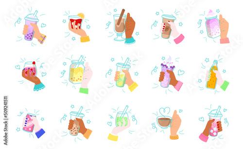 Fototapeta Naklejka Na Ścianę i Meble -  Hands hold drinks set. Doodle hands with cold, hot refreshing plastic mugs and cups with beverages