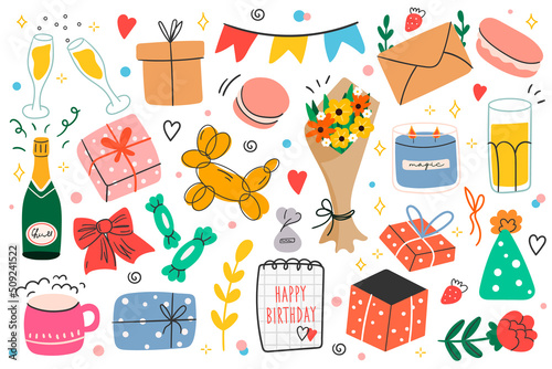 Happy birthday party doodle set with gifts, balloons and presents. Celebration design elements