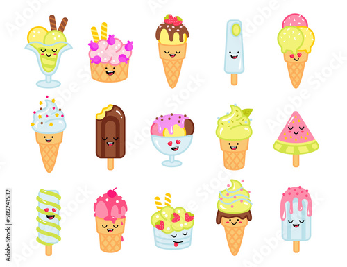 Cartoon kawaii ice cream set. Chocolate, fruit icecream on stick or in waffle cone with smiling face