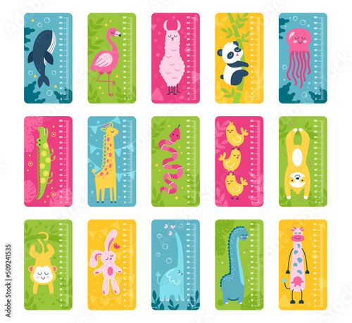 Kids meter for wall with cute cartoon animals on measuring ruler. High measurement tool for children