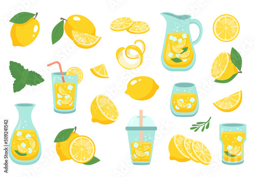 Lemonade in jar, mint cocktails cartoon set. Pitcher drinks with straw, lemon slice