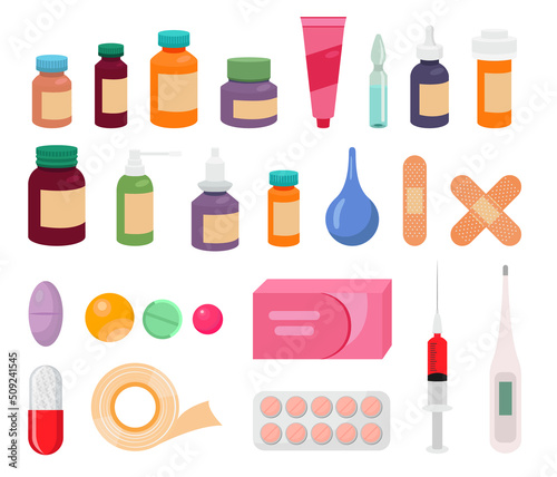 Set of medical tools, medicine and medicament. Stickers with pills, syringe, syrups and enema