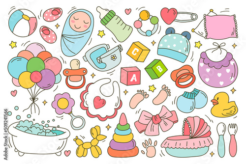 Newborn stuff doodle set. Cartoon clothes, toys, sleeping and feeding icons for infant toddler baby