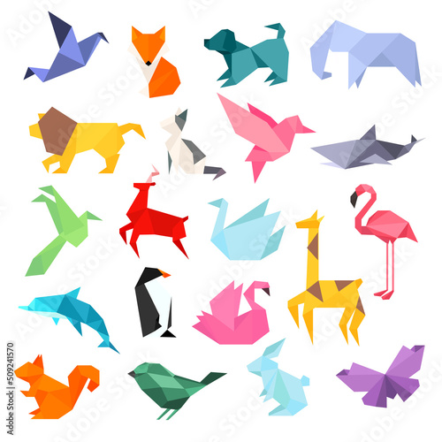 Colorful origami animals set. Hand craft paper japan characters icon collection in polygonal style