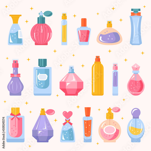 Set of perfume bottles, colorful glass vials flasks with sprayer and pump. Aroma scents cosmetics